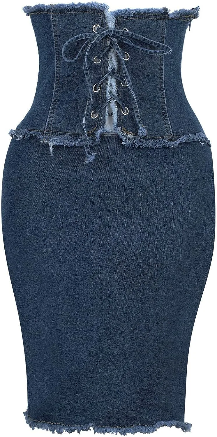 Women's Skirt Bodycon Denim Mini Skirt High Waisted Jean Skirts Fringed Frayed Stretch Casual Short Skirts