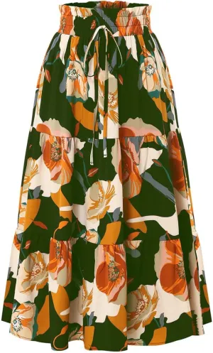 Womens Skirt Summer Casual Floral Print Midi Pleated Long Skirts High Waisted A Line Flowy Swing Beach Maxi Skirt