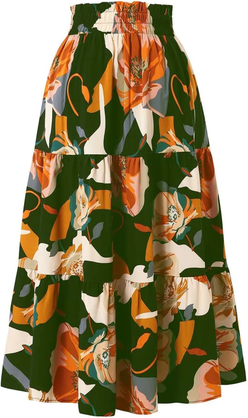 Womens Skirt Summer Casual Floral Print Midi Pleated Long Skirts High Waisted A Line Flowy Swing Beach Maxi Skirt