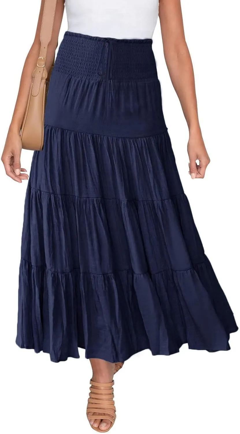 Women's Solid High Rise Boho Pleated A Line Summer Long Skirts for Women Skirt High Waist Dress Fashion Graceful Robe