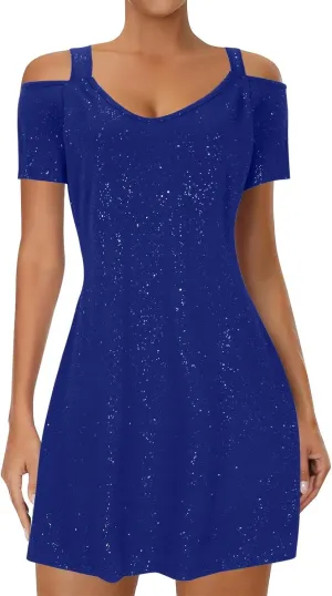Women's Sparkly Sequin Homecoming Dresses 2025 Summer Sexy Short Sleeve V Neck Cocktail Party Mini Dress Plus Size