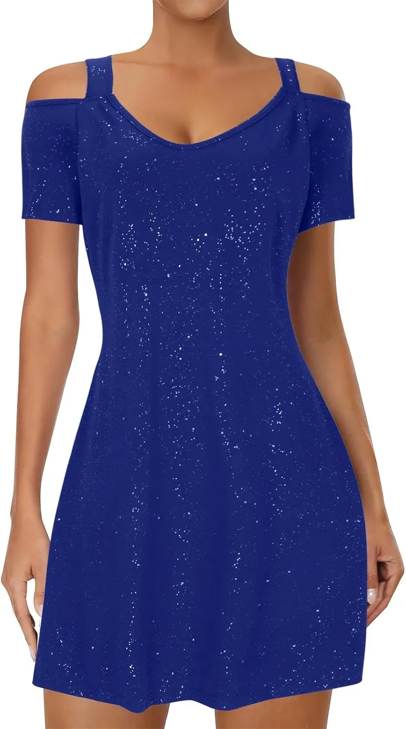 Women's Sparkly Sequin Homecoming Dresses 2025 Summer Sexy Short Sleeve V Neck Cocktail Party Mini Dress Plus Size