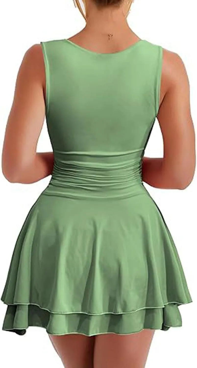 Women's Square Neck Ruffle Hem Mini Dress Ruched Waist Short Party Dresses Sleeveless Tiered A Line Short Dresses
