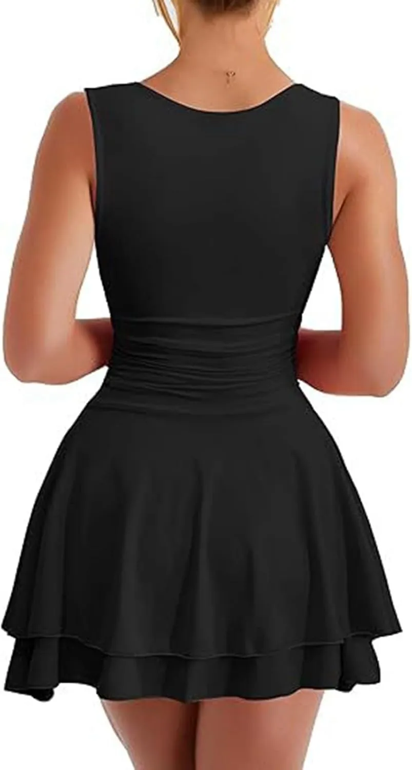 Women's Square Neck Ruffle Hem Mini Dress Ruched Waist Short Party Dresses Sleeveless Tiered A Line Short Dresses