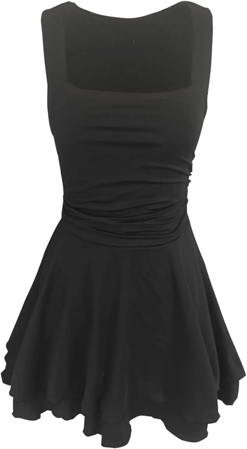Women's Square Neck Ruffle Hem Mini Dress Ruched Waist Short Party Dresses Sleeveless Tiered A Line Short Dresses