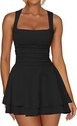Women's Square Neck Ruffle Hem Mini Dress Ruched Waist Short Party Dresses Sleeveless Tiered A Line Short Dresses