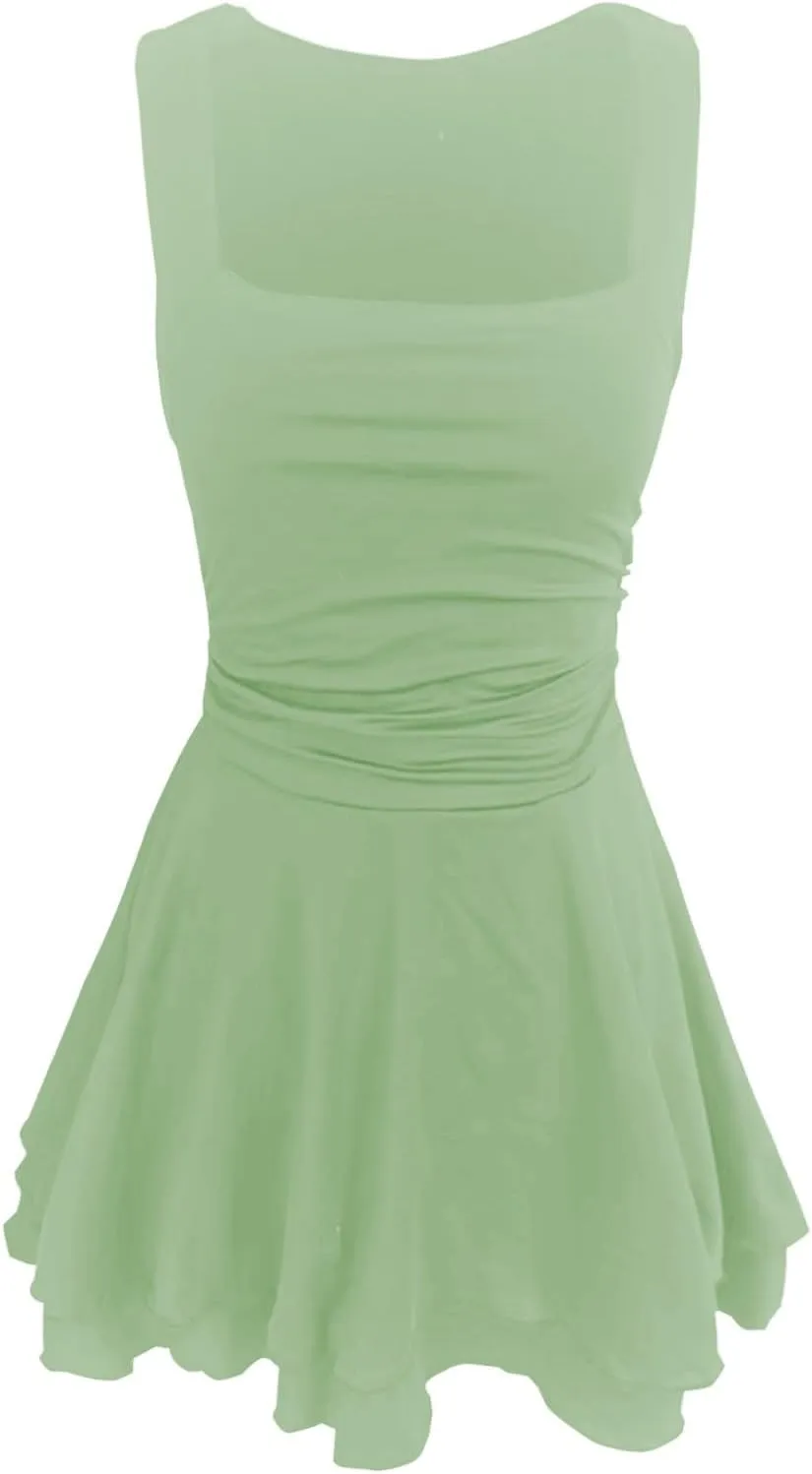 Women's Square Neck Ruffle Hem Mini Dress Ruched Waist Short Party Dresses Sleeveless Tiered A Line Short Dresses