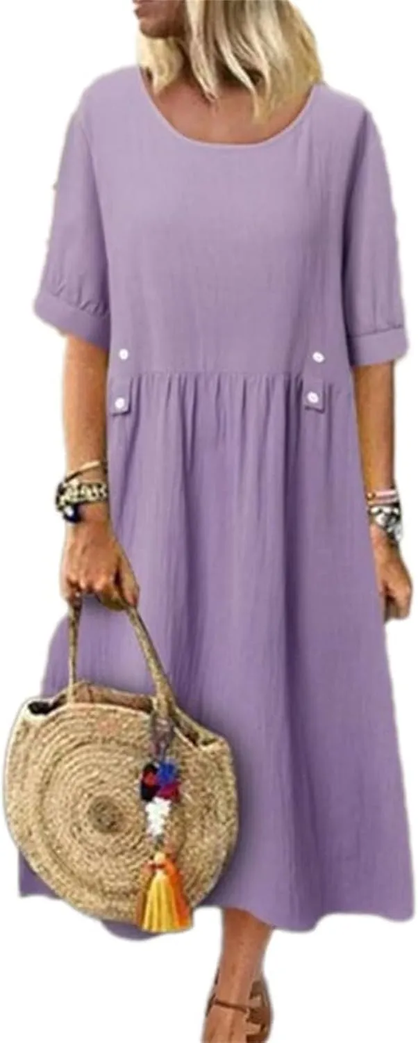 Women's Summer Cotton Linen Casual Midi Dress Plus Size Short Sleeve Flowy Beach Long Dresses Vacation Party Dresses