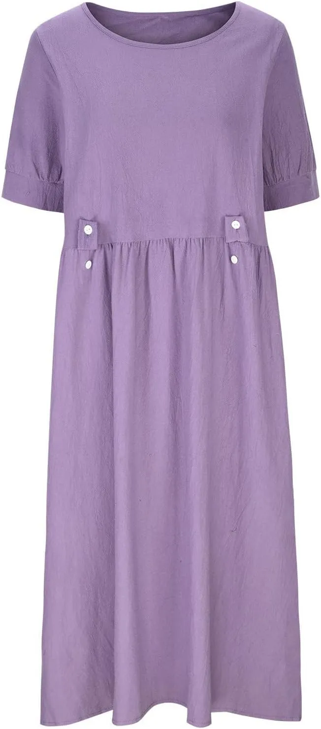 Women's Summer Cotton Linen Casual Midi Dress Plus Size Short Sleeve Flowy Beach Long Dresses Vacation Party Dresses