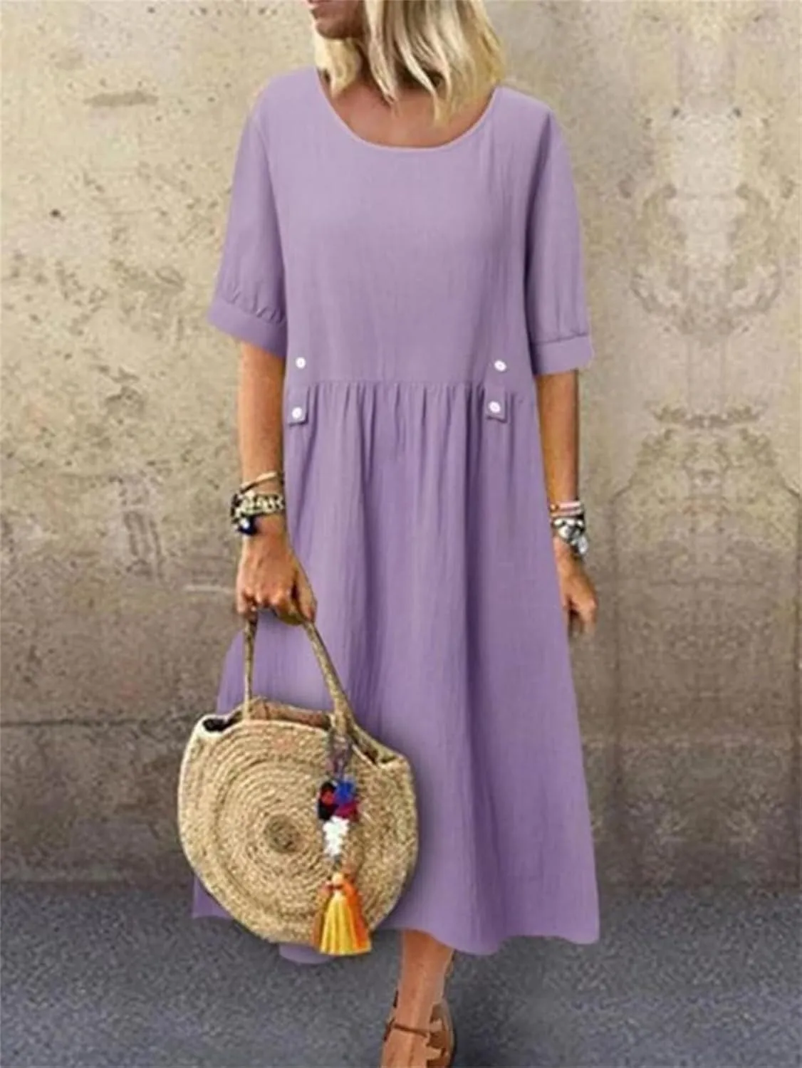 Women's Summer Cotton Linen Casual Midi Dress Plus Size Short Sleeve Flowy Beach Long Dresses Vacation Party Dresses