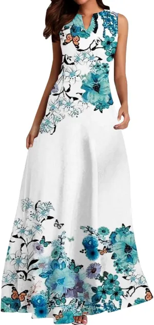 Women's Summer Dress Sleeveless V Neck Long Sun Skirt 2025 Fashion Floral Printed Flowy Maxi Dresses Spring Dresses