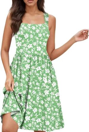 Womens Summer Dresses Flowy Sundresses Beach Prited Sleeveless Mini Dress Loose Tshirt Tank Dresses with Pockets