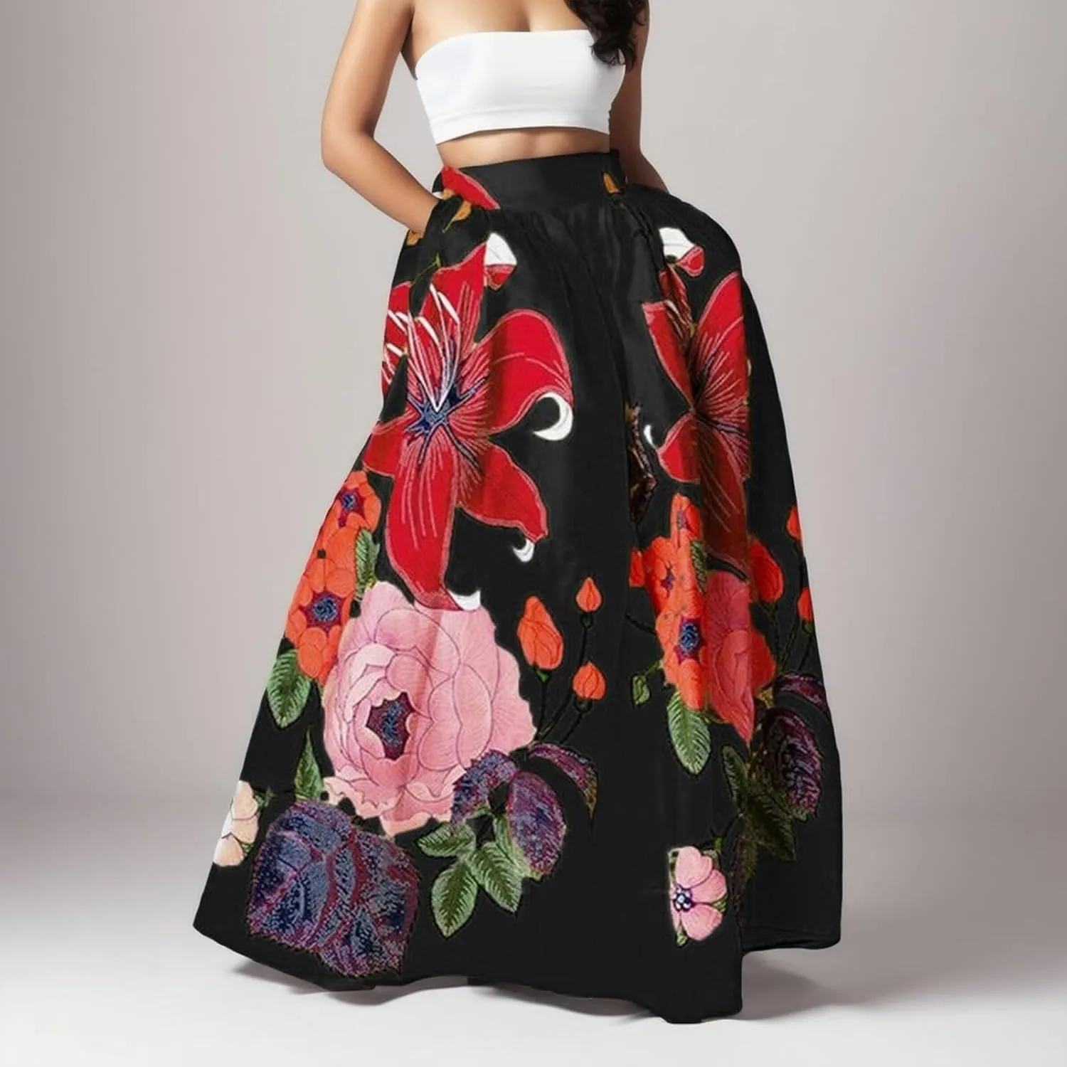 Womens Summer Maxi Skirts High Waist Pleated A-Line Skirts Floral Flowy Swing Long Beach Skirt Dress with Pockets