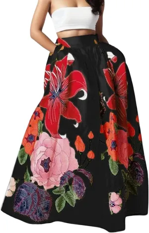 Womens Summer Maxi Skirts High Waist Pleated A-Line Skirts Floral Flowy Swing Long Beach Skirt Dress with Pockets