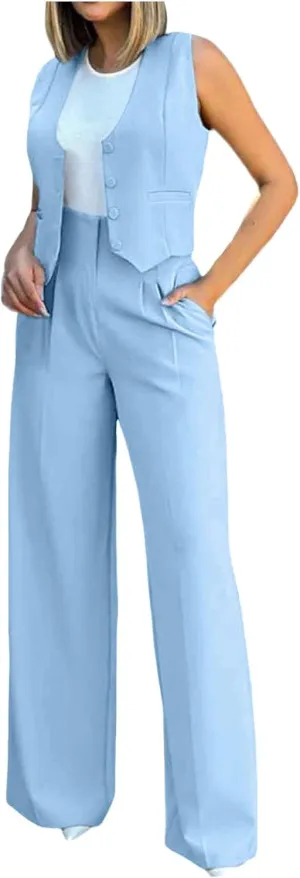 Womens Two Piece Outfits Summer Comfy Sets Sleeveless button down jacket baggy wide leg Blazer Pant workout tracksuit
