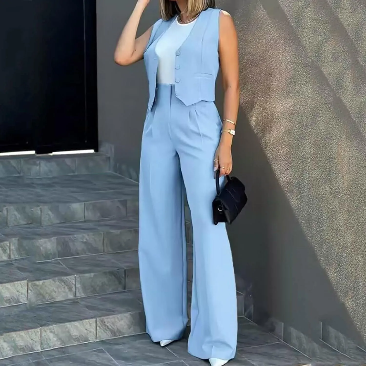 Womens Two Piece Outfits Summer Comfy Sets Sleeveless button down jacket baggy wide leg Blazer Pant workout tracksuit