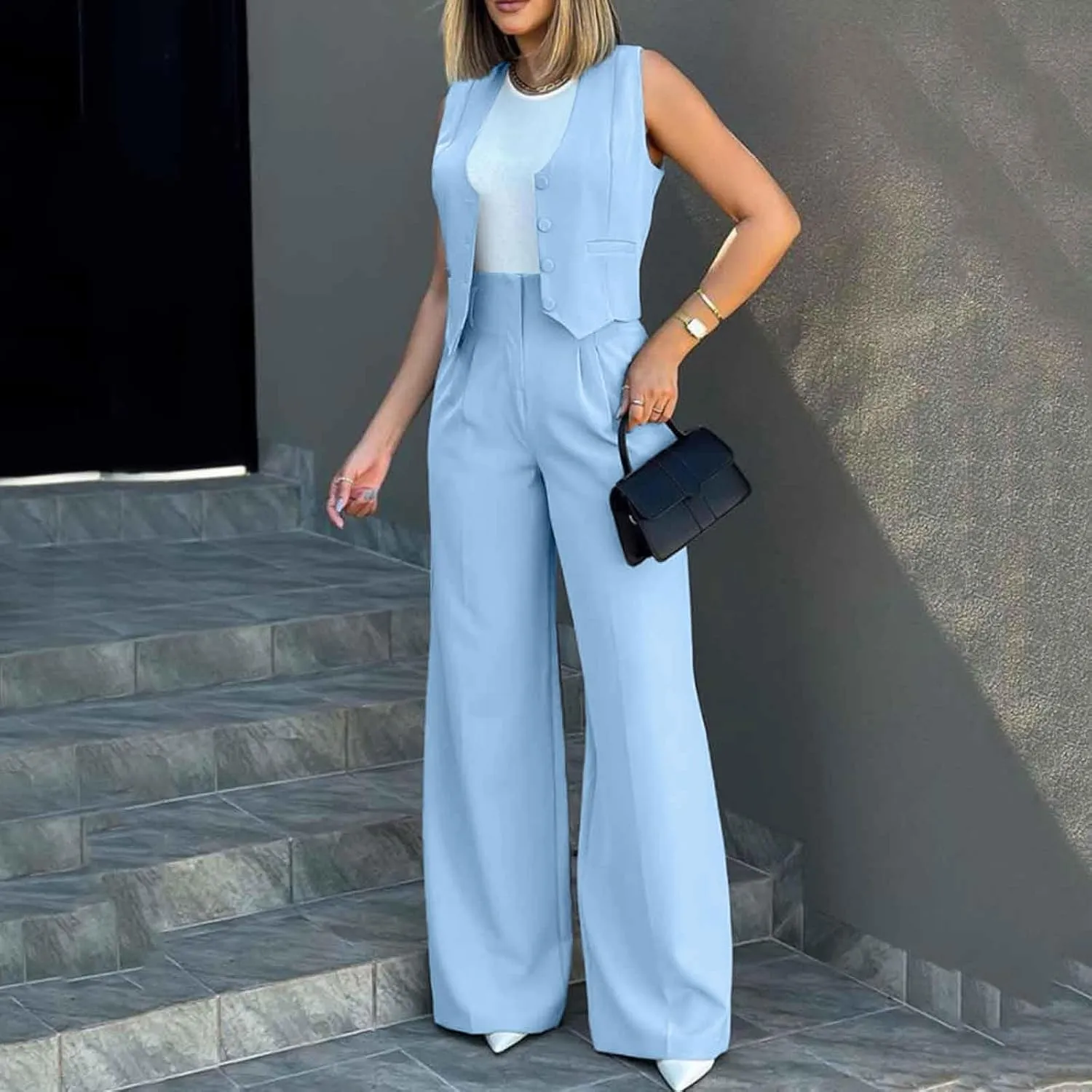 Womens Two Piece Outfits Summer Comfy Sets Sleeveless button down jacket baggy wide leg Blazer Pant workout tracksuit