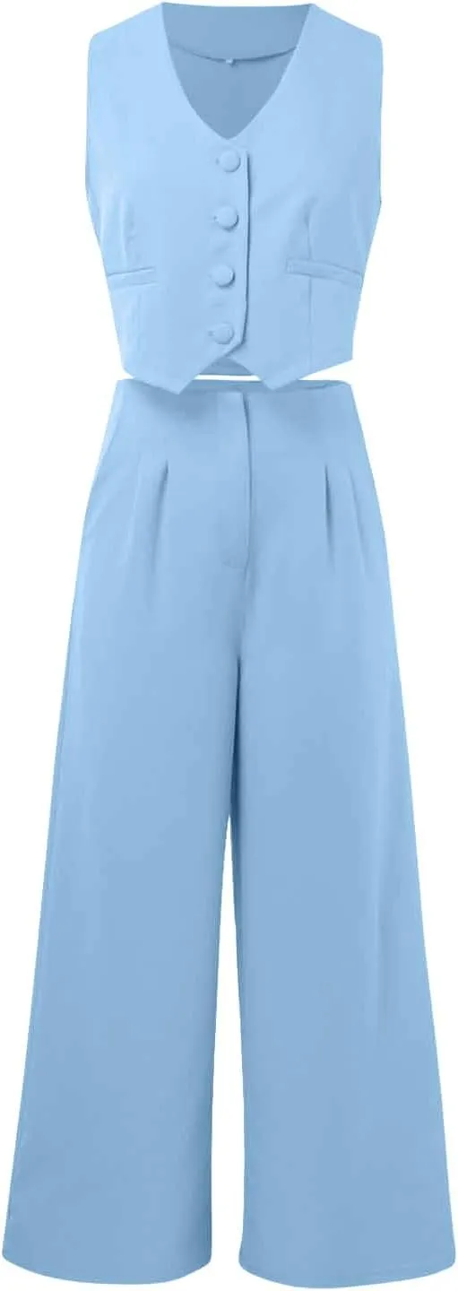 Womens Two Piece Outfits Summer Comfy Sets Sleeveless button down jacket baggy wide leg Blazer Pant workout tracksuit