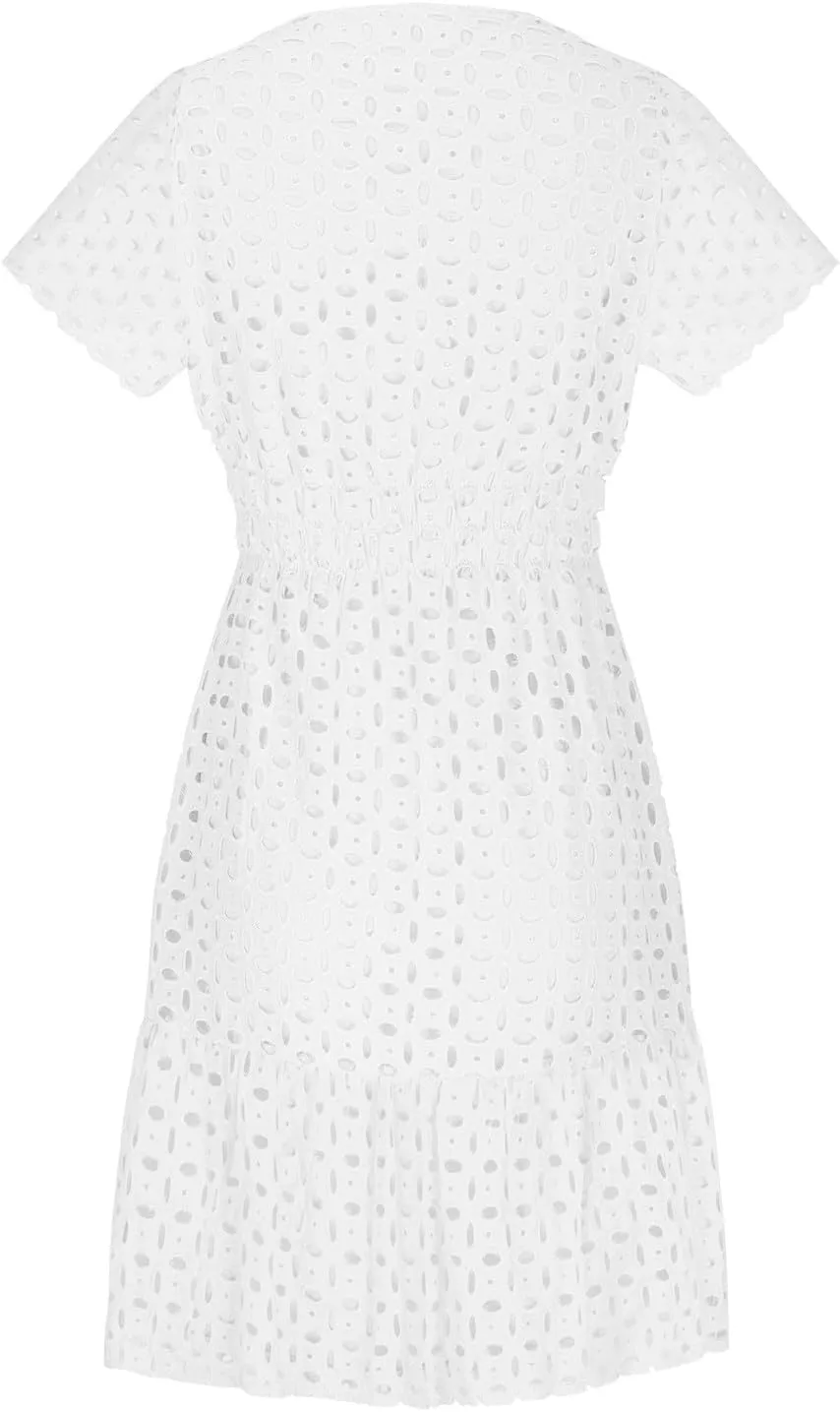 Women's V Neck Short Sleeve Maxi Dress Hollow Out Eyelet Slim Waist Ruffle Summer Casual Swing A Line Mini Dresses