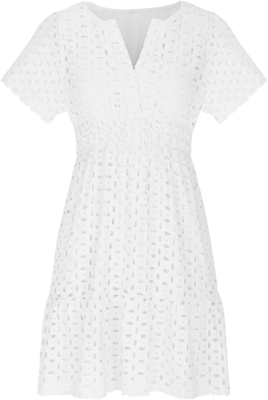 Women's V Neck Short Sleeve Maxi Dress Hollow Out Eyelet Slim Waist Ruffle Summer Casual Swing A Line Mini Dresses