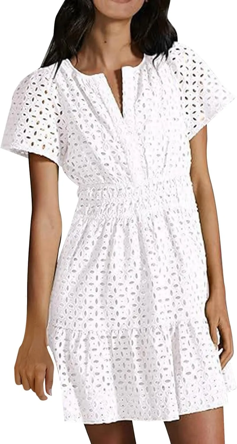 Women's V Neck Short Sleeve Maxi Dress Hollow Out Eyelet Slim Waist Ruffle Summer Casual Swing A Line Mini Dresses
