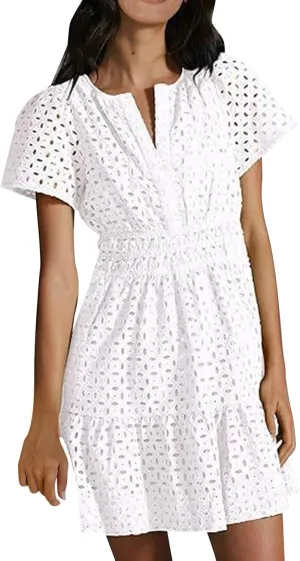 Women's V Neck Short Sleeve Maxi Dress Hollow Out Eyelet Slim Waist Ruffle Summer Casual Swing A Line Mini Dresses