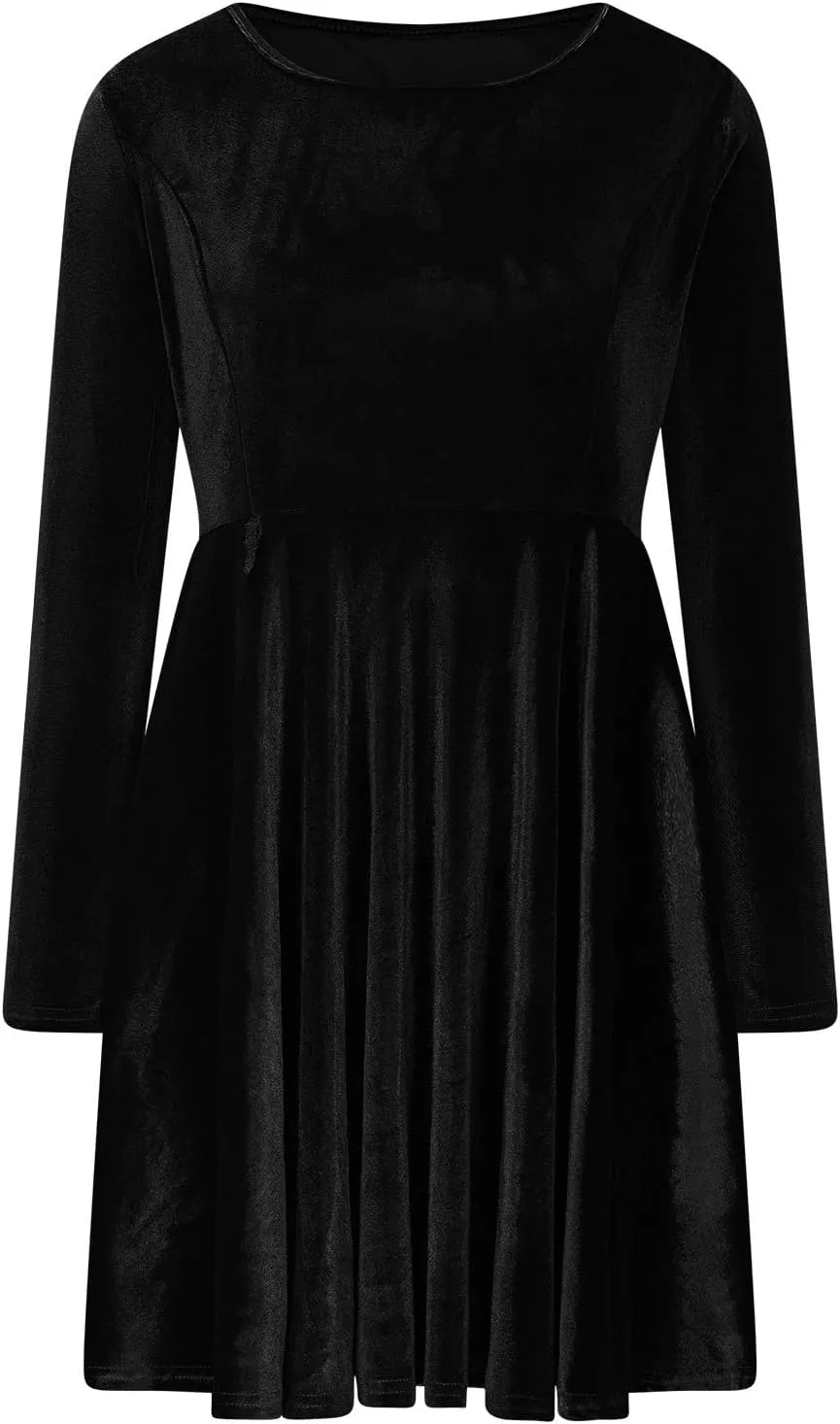 Women's Velvet Dress Long Sleeve Cocktail Party Club Dresses Ruffle Swing O Neck Mini Prom Dress for Wedding Guest