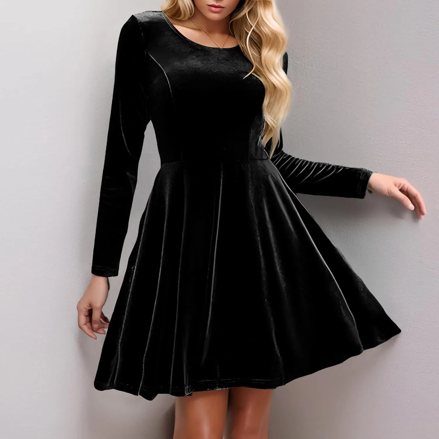Women's Velvet Dress Long Sleeve Cocktail Party Club Dresses Ruffle Swing O Neck Mini Prom Dress for Wedding Guest