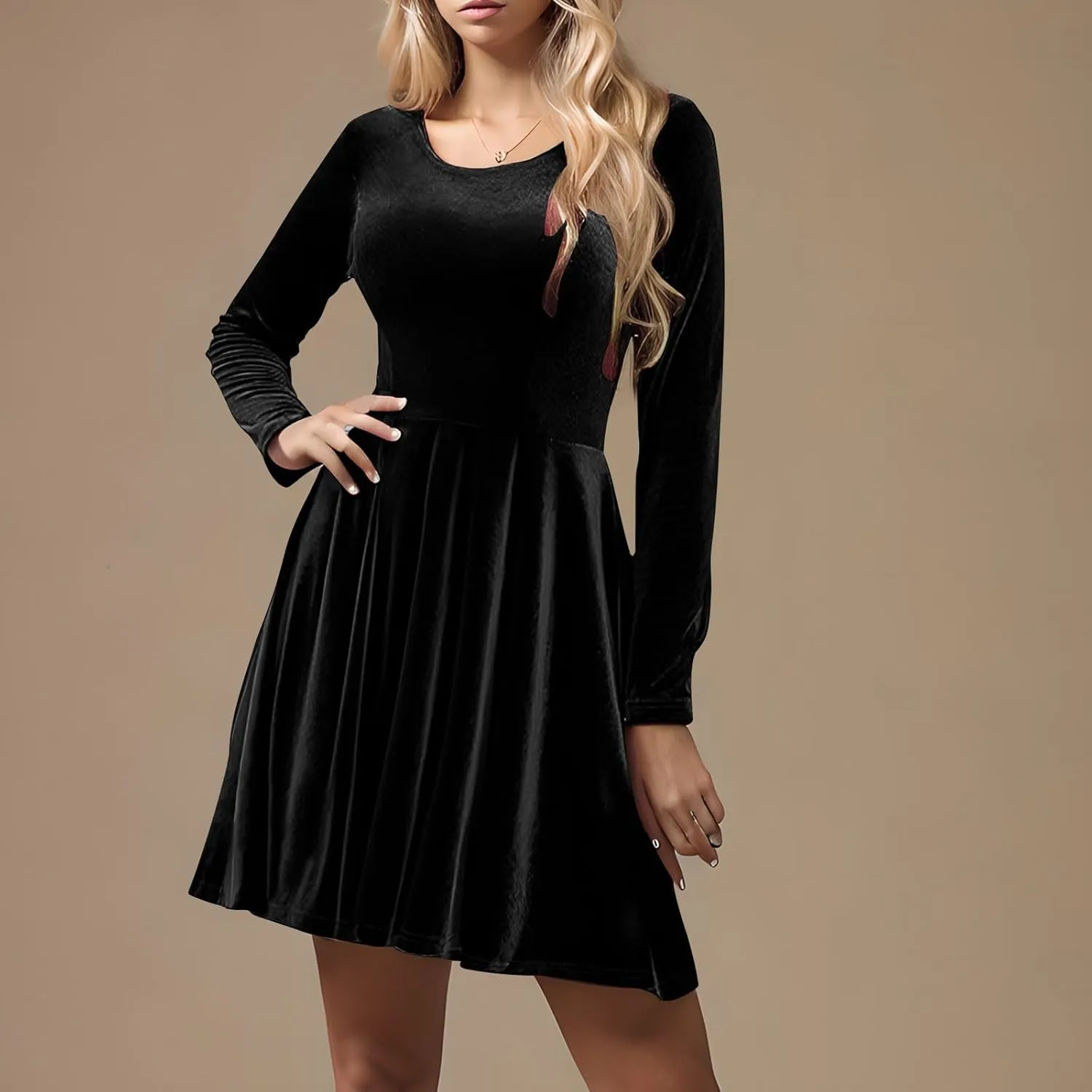 Women's Velvet Dress Long Sleeve Cocktail Party Club Dresses Ruffle Swing O Neck Mini Prom Dress for Wedding Guest