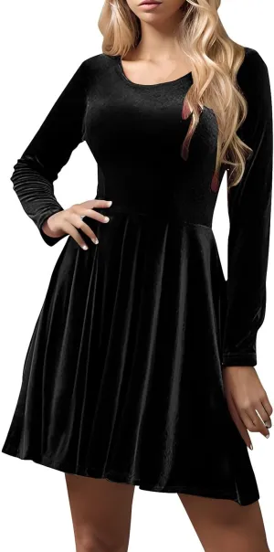 Women's Velvet Dress Long Sleeve Cocktail Party Club Dresses Ruffle Swing O Neck Mini Prom Dress for Wedding Guest