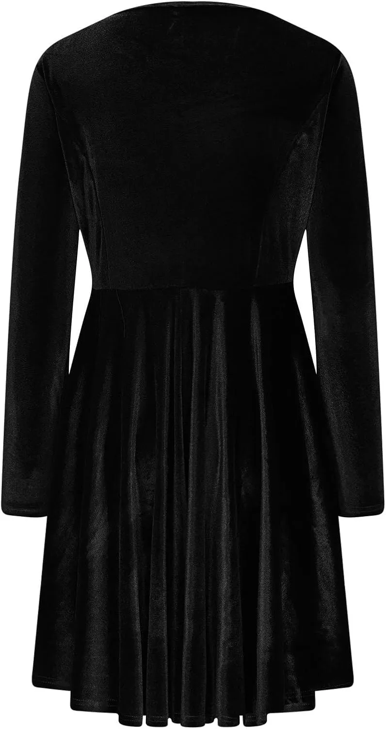 Women's Velvet Dress Long Sleeve Cocktail Party Club Dresses Ruffle Swing O Neck Mini Prom Dress for Wedding Guest