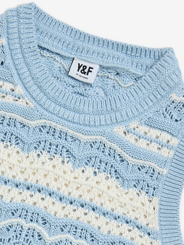 Y&F Kids Light Blue Knit-Textured Cotton-Blend Top