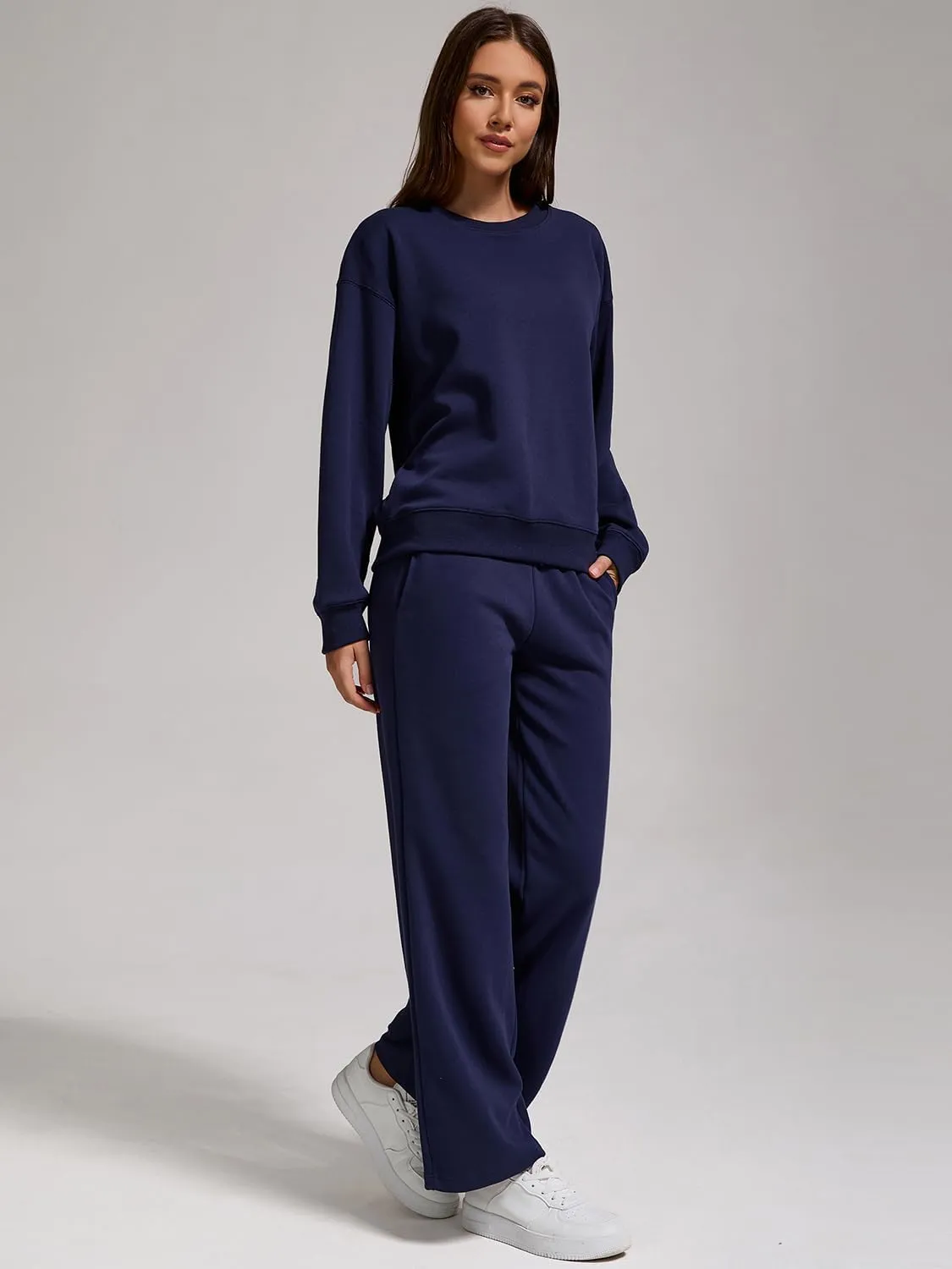 ZFLM Casual Workout Two Piece Outfits Long Sleeve Top Pullover High Waist Drawstring Jogger Pants Tracksuit Sets Streetwear